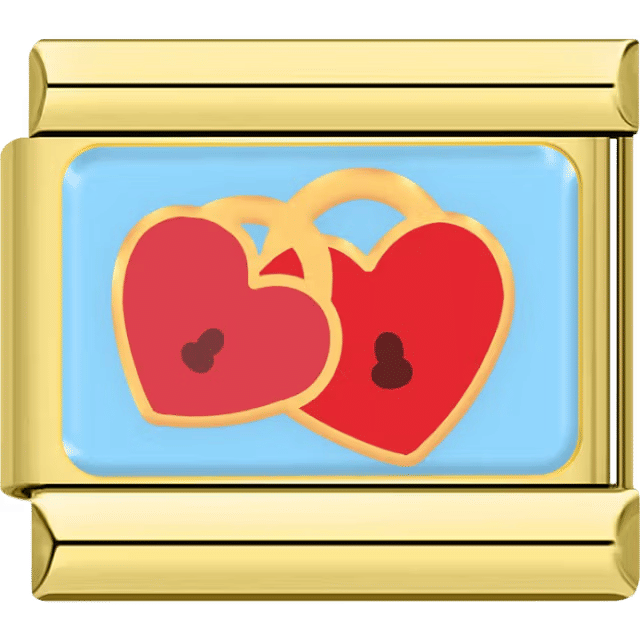 Gold Italian charm featuring two linked red heart padlocks on a blue background.